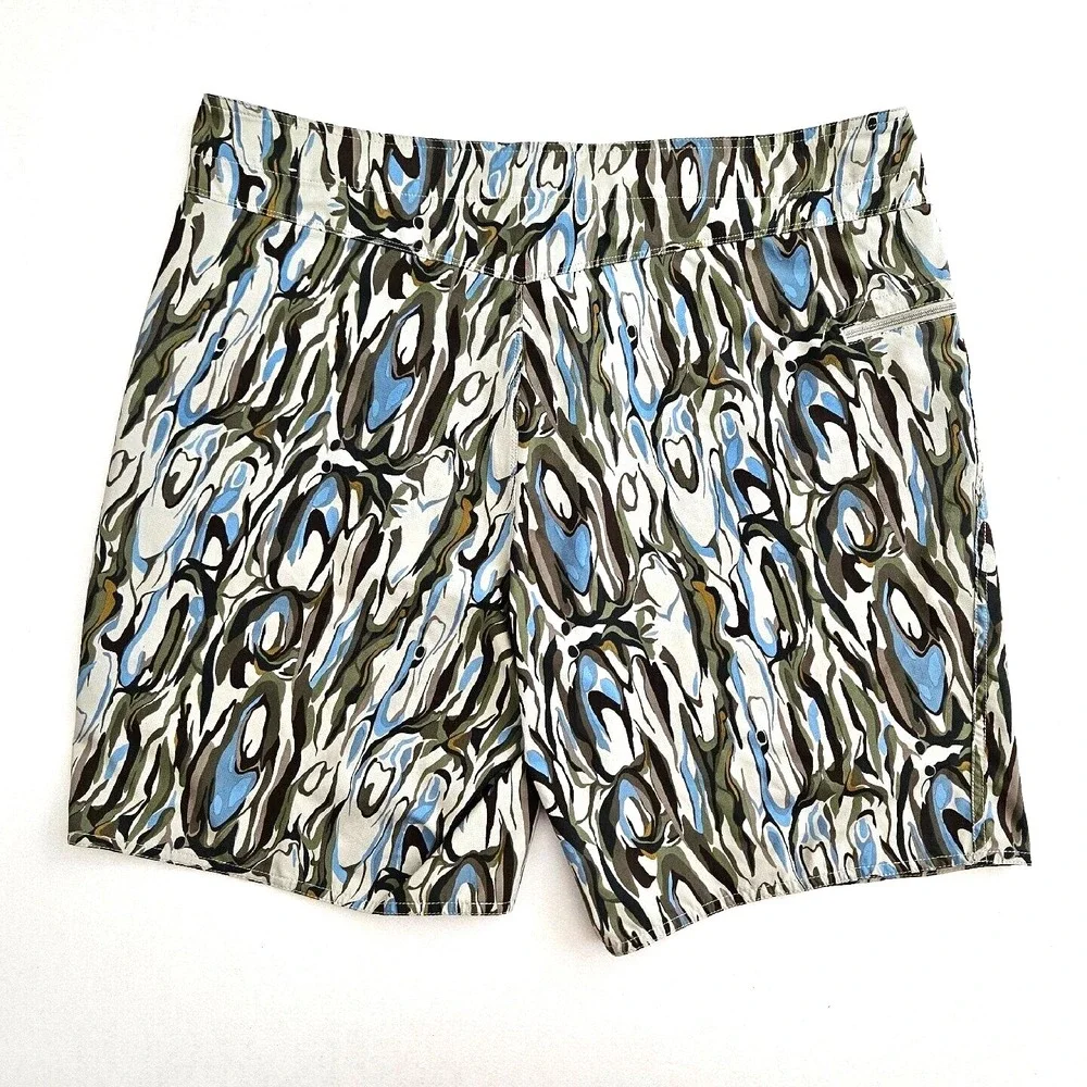Patagonia Men's 38 Blue Green Wavefarer Boardshorts Fitz Roy Trunks Camo Shorts‎